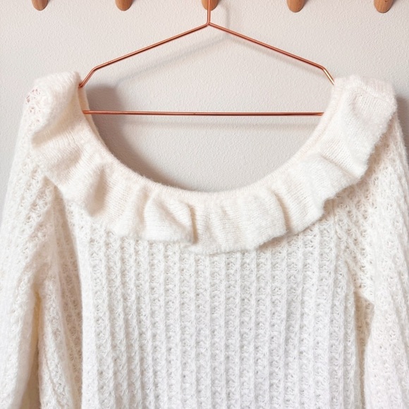 Anthropologie Cream Ruffled Boat Neck Sweater - Picture 4 of 13